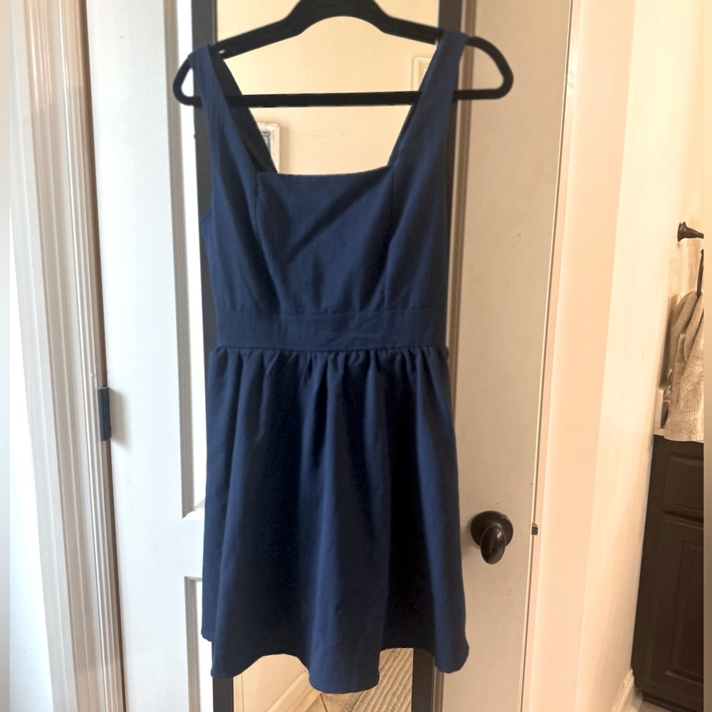 Navy lined dress, flattering fit and flare style, size medium
